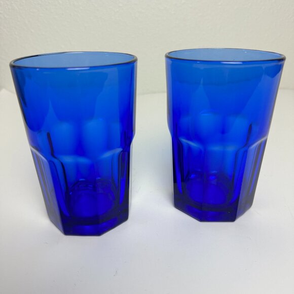 Libbey Crisa Cobalt Blue Vintage Glass 8 Panel Tumbler 4.75 Tall Set of 2 - Picture 1 of 5